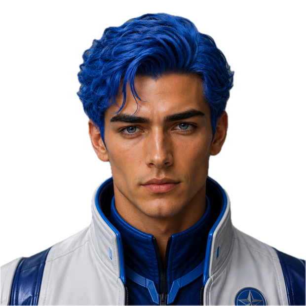 A portrait of me — a young man with vivid cobalt-blue hair and blue-grey eyes, wearing a white-and-blue high-collar flight jacket with a star crest.